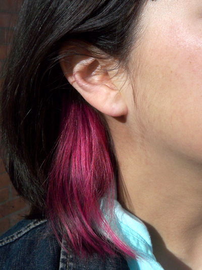  a birthday present to myself, I got a hot pink streak dyed in my hair.